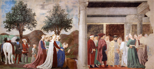 Piero della Francesca (secolo XV). La regina di Saba visita il re Salomone. Ciclo iconografico 'La leggenda della Vera Croce'. Basilica di San Francesco, Arezzo