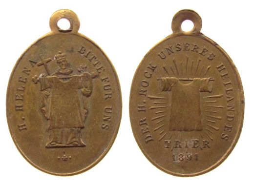 Medaglia commemorativa dell'esposizione del 1891 della Sacra Tunica. In uno dei lati la tunica è sorretta da Sant'Elena